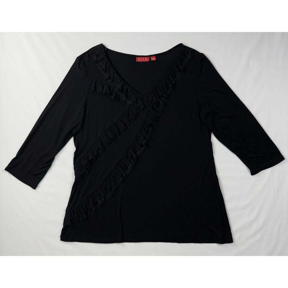 ELLE V-neck black top ruffle details 3/4 sleeves Sz L - Picture 2 of 9